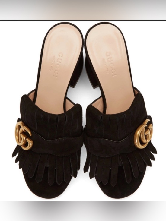 Gucci Shoes - Gucci Black Suede GG Marmont Fringe Mules Block Heel Sandals 38
